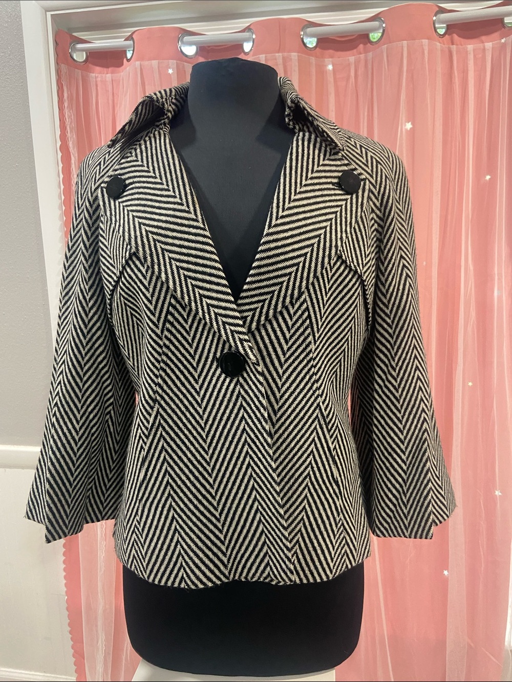 Nine West Womens Black & White Chevron Peplum Jacket size 10